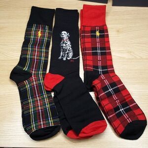 POLO RALPH LAUREN Crew Socks Mens 10-13 Black Red Tartan Plaid Dog Gift Box